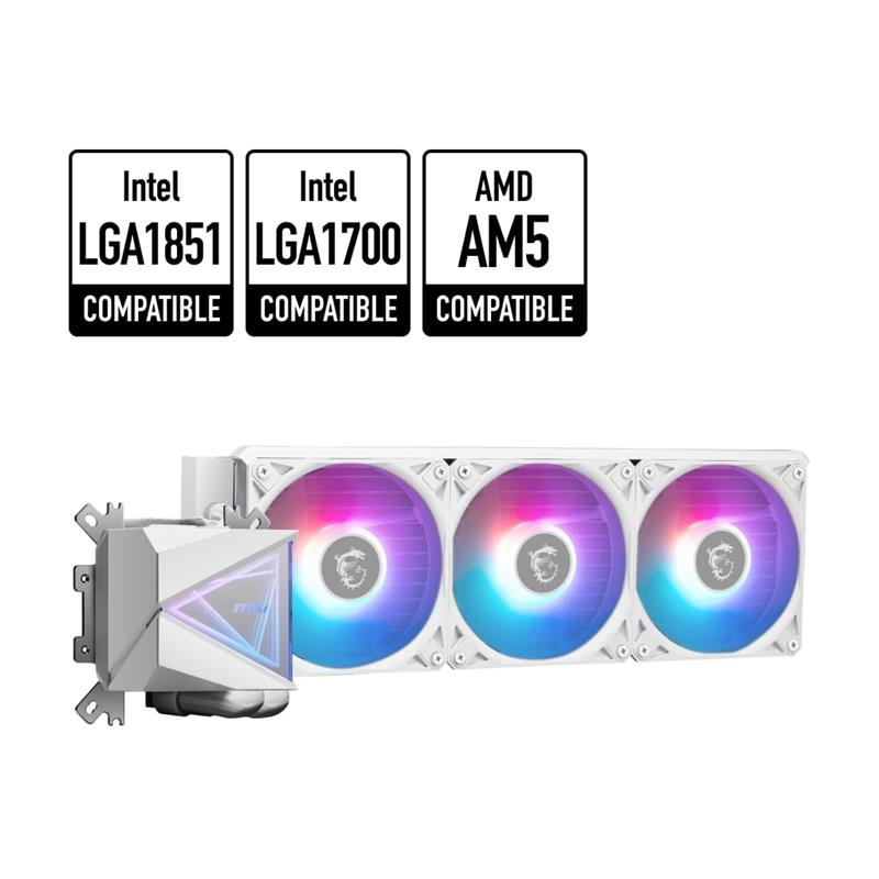 MSI MAG Coreliquid I360 AIO Liquid CPU Cooler - White, 360mm Radiator, Triple 120mm ARGB PWM Fans, Compatible with LGA 1851 Soc