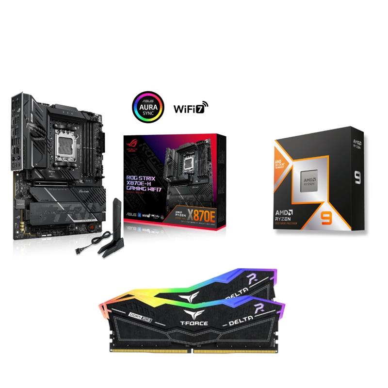 AMD Ryzen 9 9950X3D CPU + ASUS ROG STRIX X870E-H GAMING WIFI7 Motherboard + T-Force RGB 64GB D5 6000MHz CL30 Black RAM