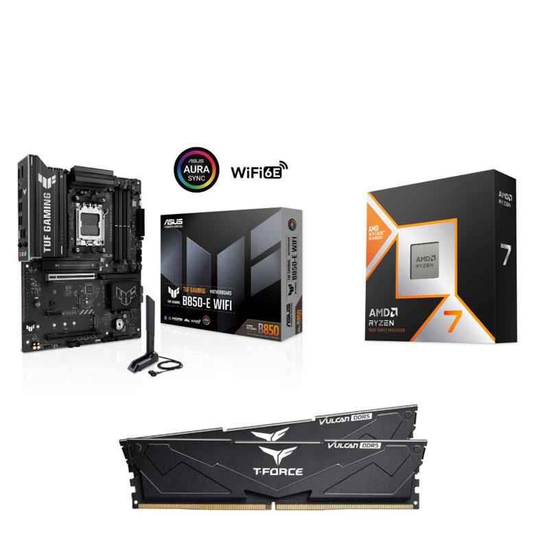 AMD Ryzen 7 9800X3D CPU + ASUS TUF GAMING B850-E WIFI Motherboard + T-Force 32GB D5 6000MHz CL30 RAM