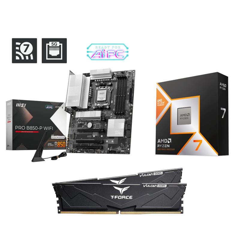 AMD Ryzen 7 9800X3D CPU + MSI PRO B850-P WIFI Motherboard + T-Force 32GB D5 6000MHz CL30 RAM