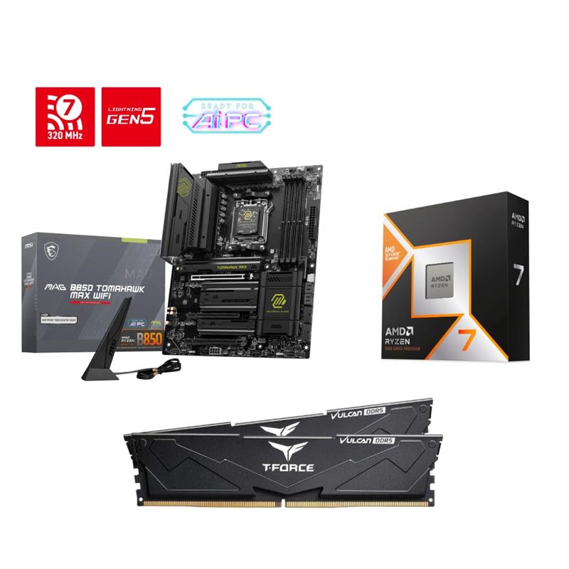 AMD Ryzen 7 9800X3D CPU + MSI MAG B850 TOMAHAWK MAX WIFI Motherboard + T-Force 32GB D5 6000MHz CL30 RAM