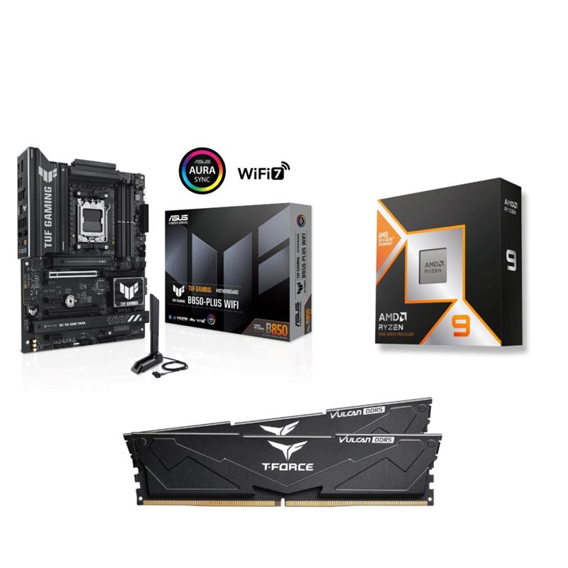 AMD Ryzen 9 9900X3D CPU + ASUS TUF GAMING B850-PLUS WIFI Carte Mère + T-Force 32GB D5 6000MHz CL30 RAM