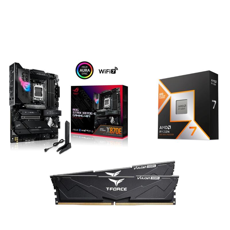 AMD R7 9800X3D CPU + ASUS ROG STRIX X870E-E GAMING WIFI Carte mère + T-Force 32GB D5 6000MHz CL30 RAM