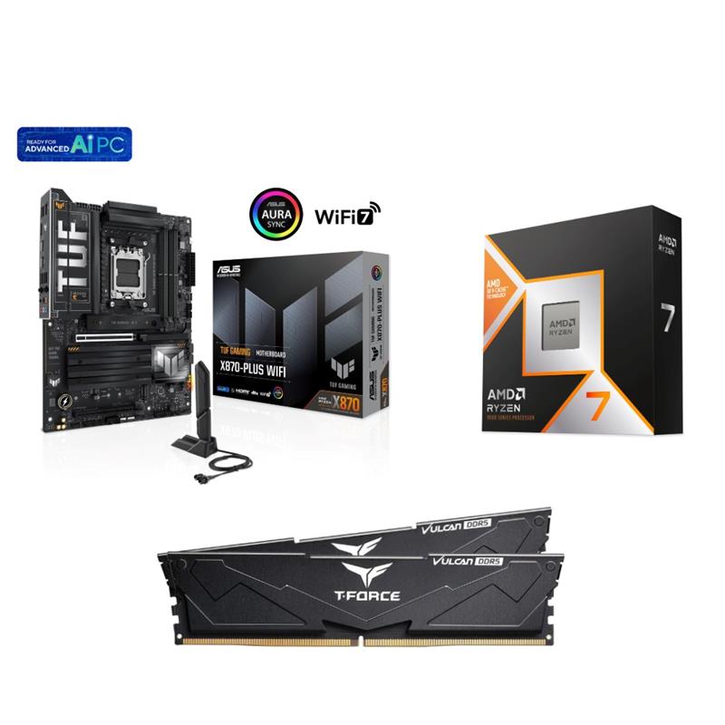 AMD Ryzen 7 9800X3D CPU + ASUS TUF GAMING X870-PLUS WIFI Motherboard + T-Force 32GB D5 6000MHz CL30 RAM