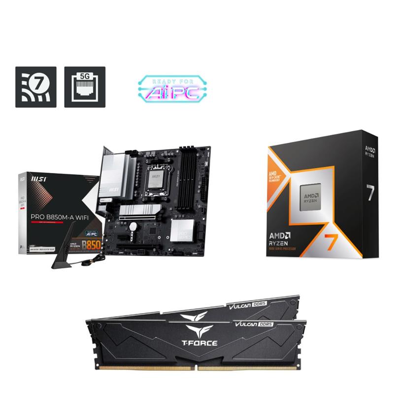 AMD Ryzen 7 9800X3D CPU + MSI PRO B850M-A WIFI Motherboard + T-Force 32GB D5 6000MHz CL30 RAM