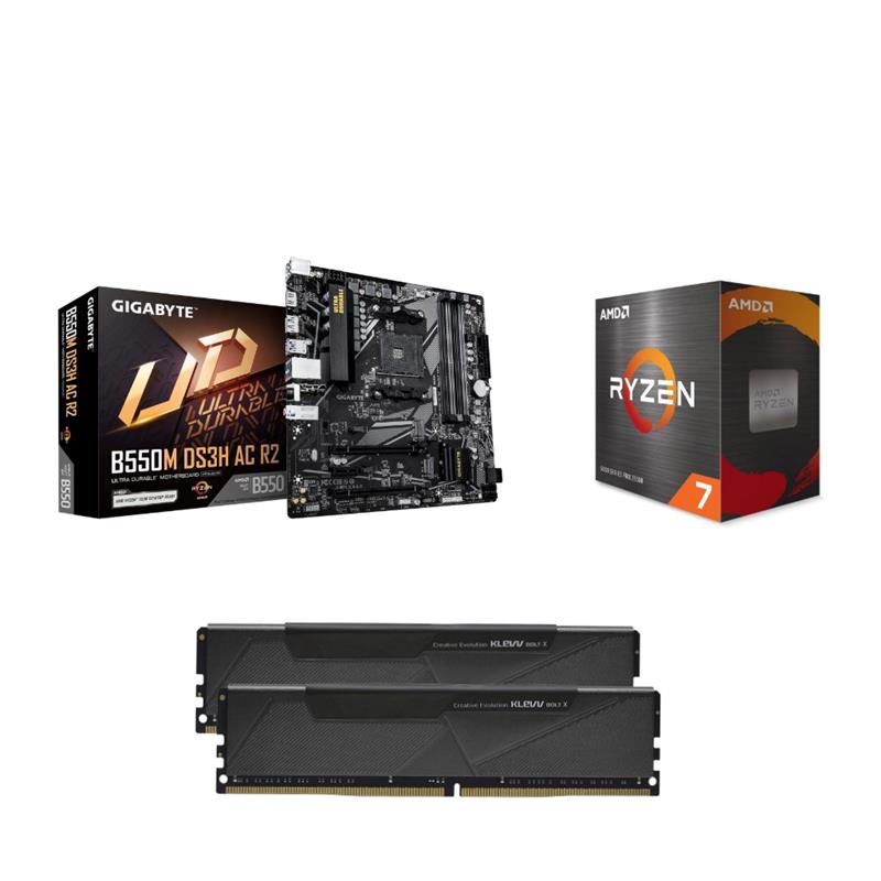 AMD Ryzen 7 5700X CPU + GIGABYTE B550M DS3H AC R2 Motherboard + KLEVV BOLT X 16GB DDR4 3200MHz CL16 RAM