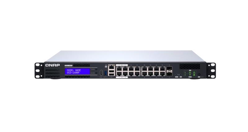 Switch QNAP (QGD-1600P-8G) de 16 ports 1GbE avec 2 ports combo RJ45 et SFP+ avec processeur Intel Celeron et 8 Go de RAM