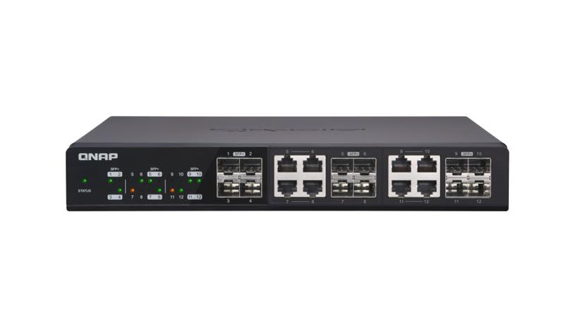 Commutateur 10GbE non géré à 12 ports QNAP (QSW-1208-8C). Douze ports SFP+ 10GbE avec huit ports 10GBASE-T partagés.