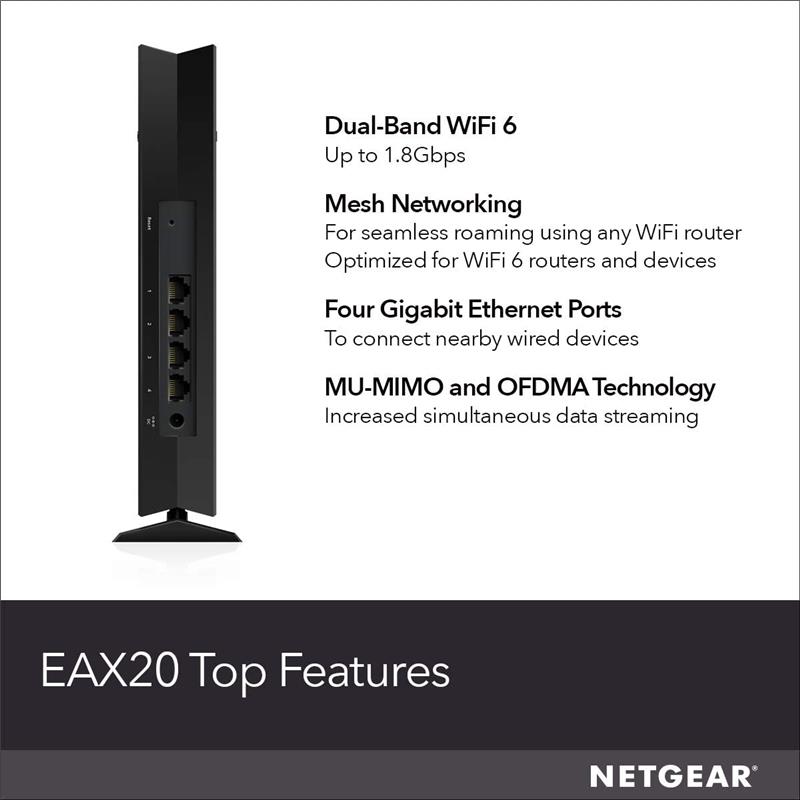 NETGEAR (EAX20-100CNS) AX1800 4-Stream WiFi 6 Mesh Extender