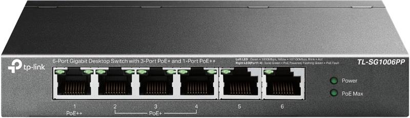 TP-Link (TL-SG1006PP) Switch de bureau Gigabit 6 ports avec 3 ports PoE+ et 1 port PoE++, Plug and Play, récupération automa...