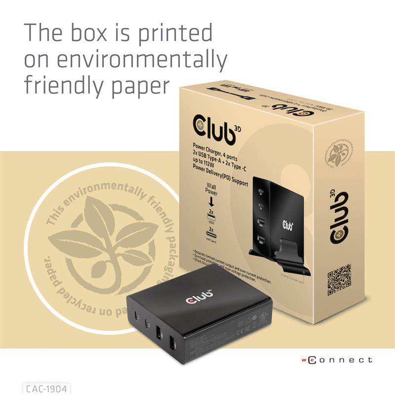 Chargeur de puissance CLUB3D jusqu'à 112W, 4 ports, 2x USB Type-A 2x Type-C