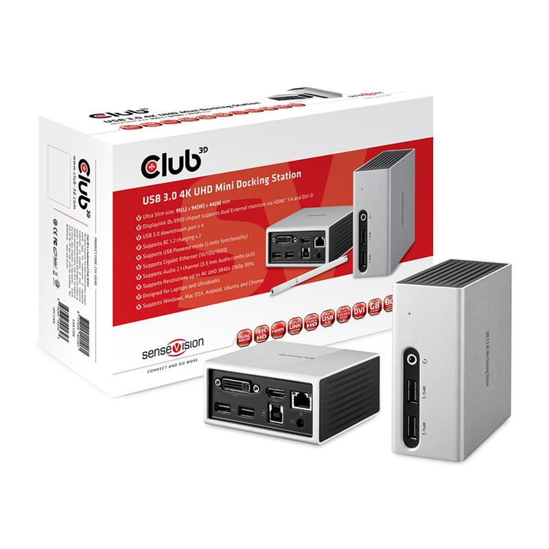 CLUB 3D 4K UHD Mini Docking Station 3.2 USB Type A Gen 1