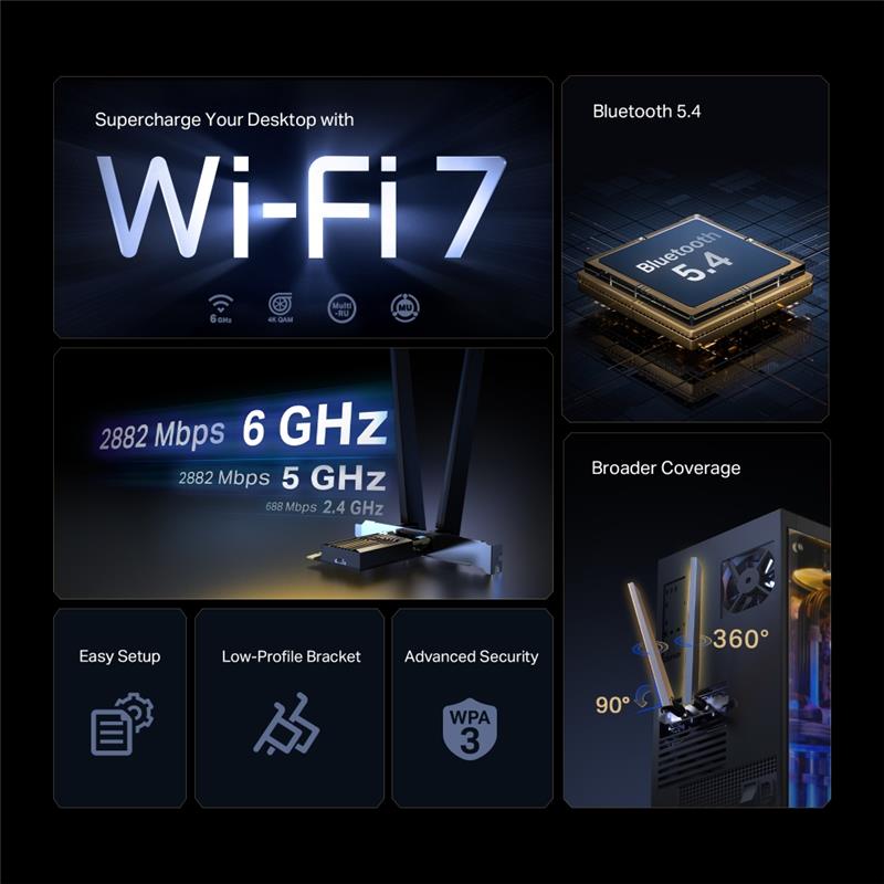 TP-Link (Archer TBE400E) BE6500 Wi-Fi 7 Bluetooth 5.4 PCIe Adapter