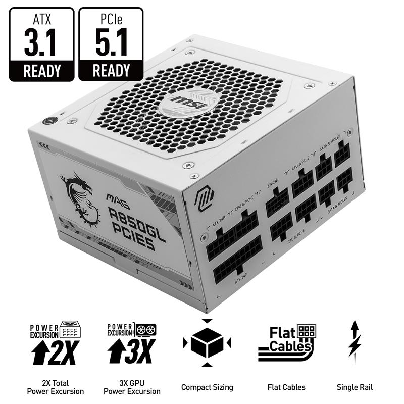 MSI MAG A850GL PCIE5 WHITE, Fully Modular Compact, Power Supply