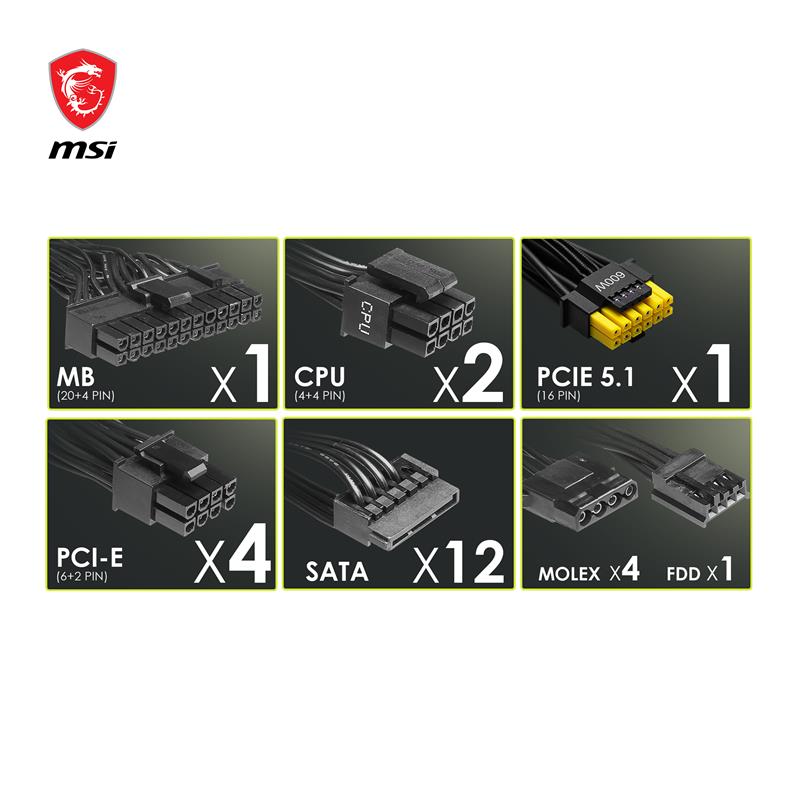 MSI MAG A1250GL PCIE5, Fully Modular Compact, 80+ Gold, Power