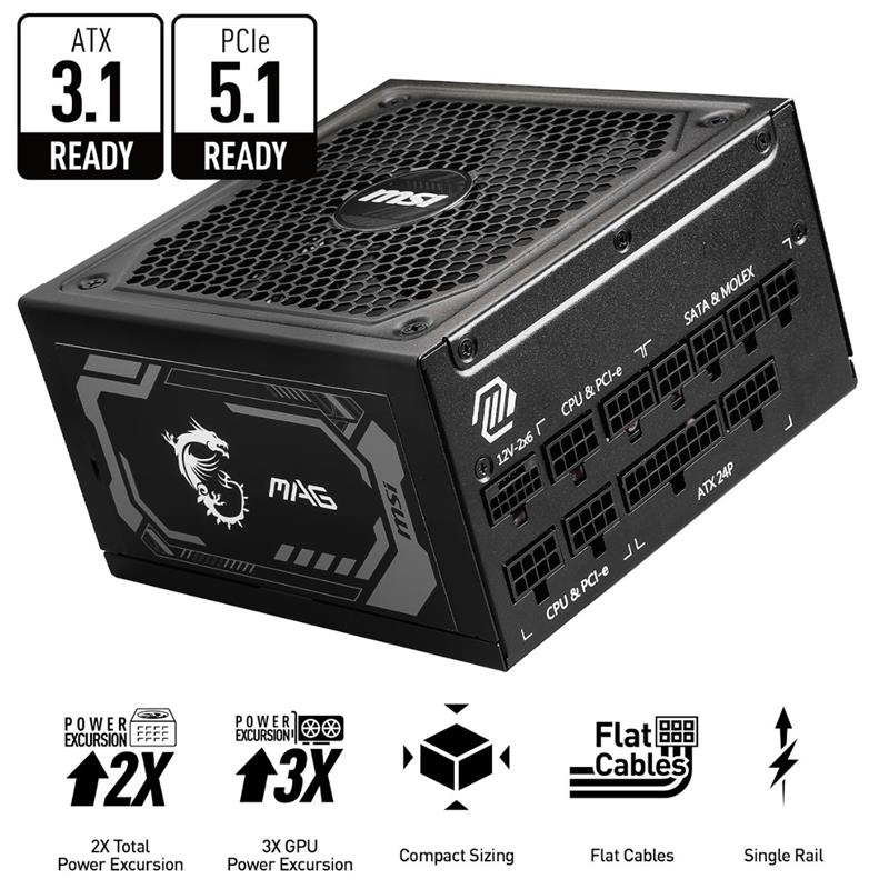 新品 MSI MAG A1250GL PCIE5 1250W 80+Gold MSI MAG A1250GL PCIE5, Fully Modular Compact, 80+ Gold, Power